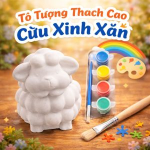 be Tô tượng thạch cao – Set tượng cừu xinh xắn kèm dây màu và cọ